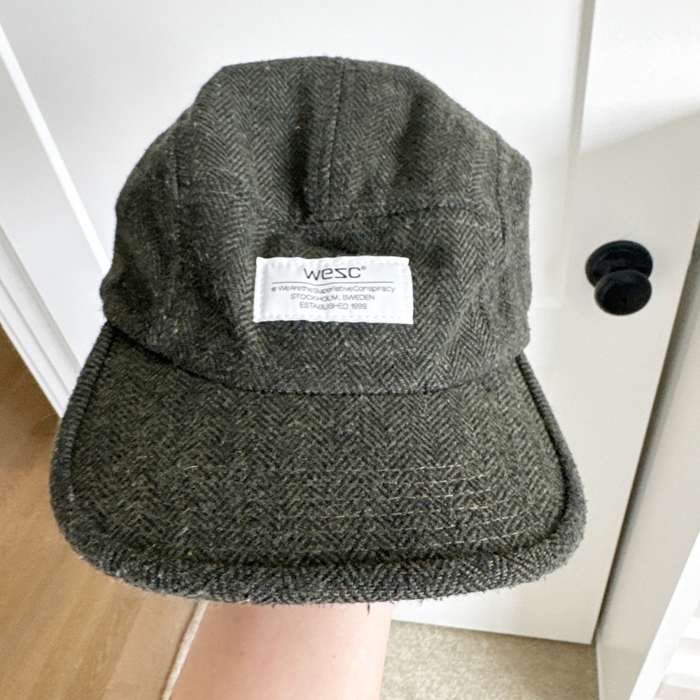 Wesc 5 Panel Camper Hat Olive Green Herringbone Wool Blend Adjustable Strapback